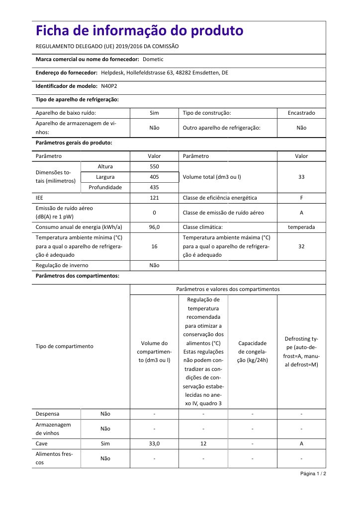 Première page de Dometic HiPro Evolution N40P2 | Product Information Sheet PT