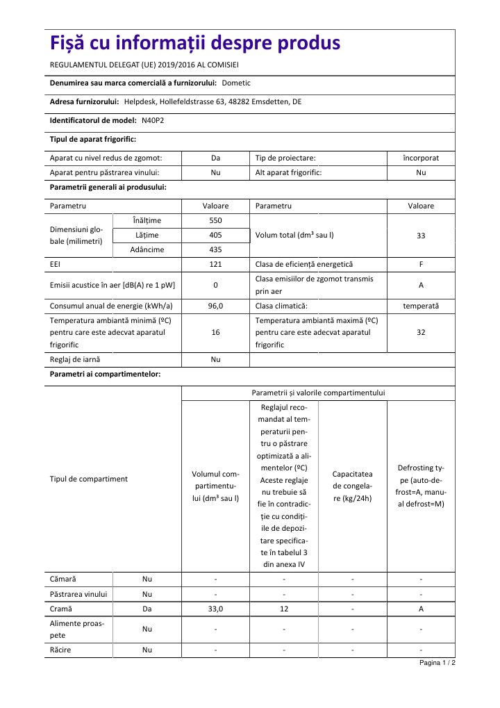 Första sidan i Dometic HiPro Evolution N40P2 | Product Information Sheet RO