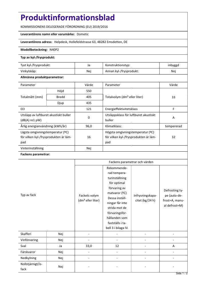 Prima pagina di Dometic HiPro Evolution N40P2 | Product Information Sheet SV