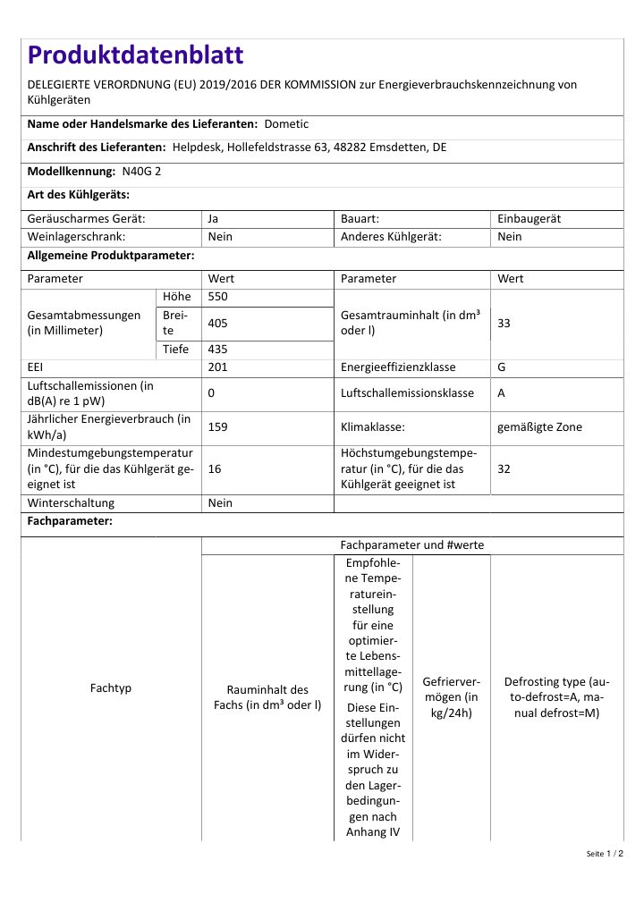 Første side af Dometic HiPro Evolution N40G2 | Product Information Sheet DE