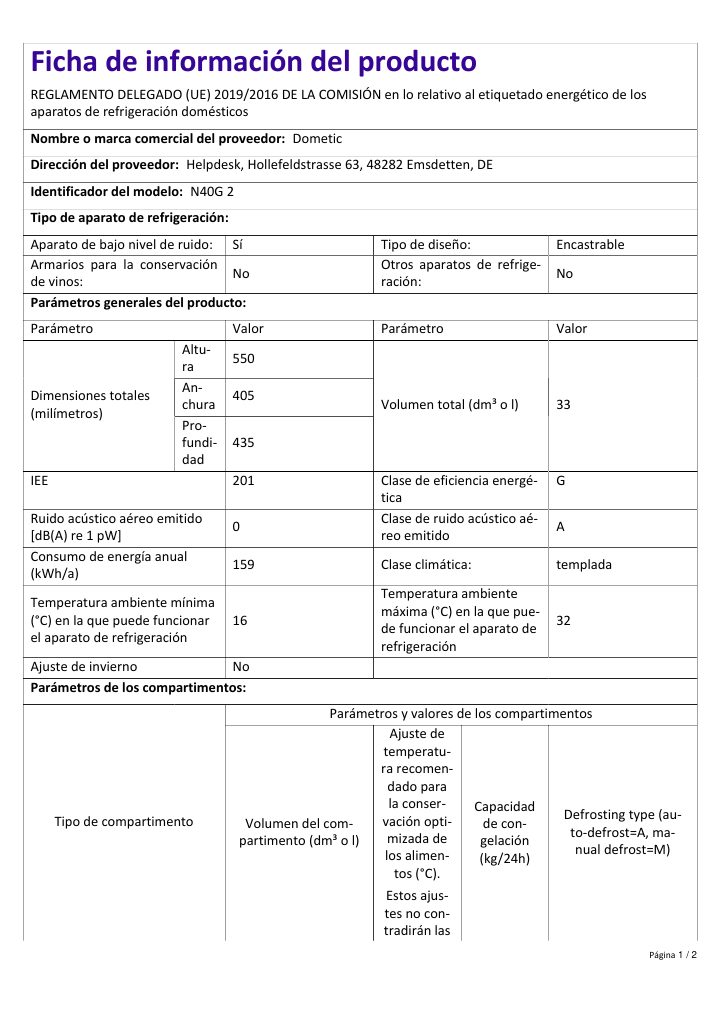 Pierwsza strona dokumentu Dometic HiPro Evolution N40G2 | Product Information Sheet ES