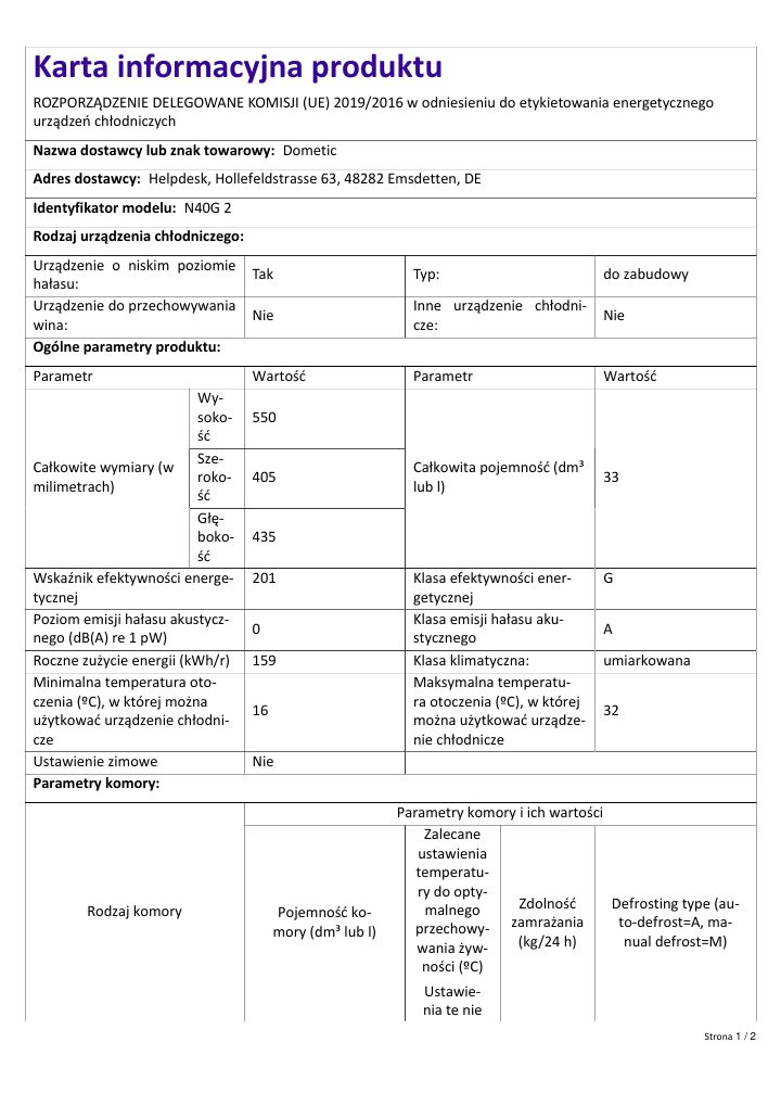 Dometic HiPro Evolution N40G2 | Product Information Sheet PL: ensimmäinen sivu
