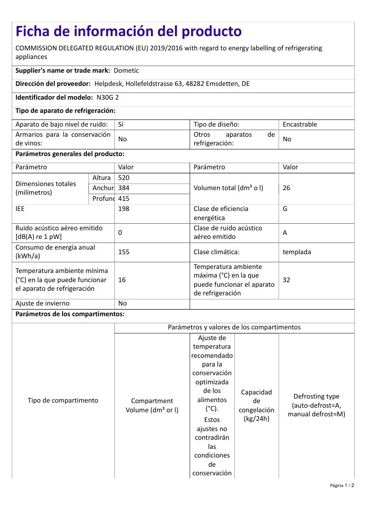 Первая страница документа Dometic HiPro Evolution N30G2 | Product Information Sheet ES