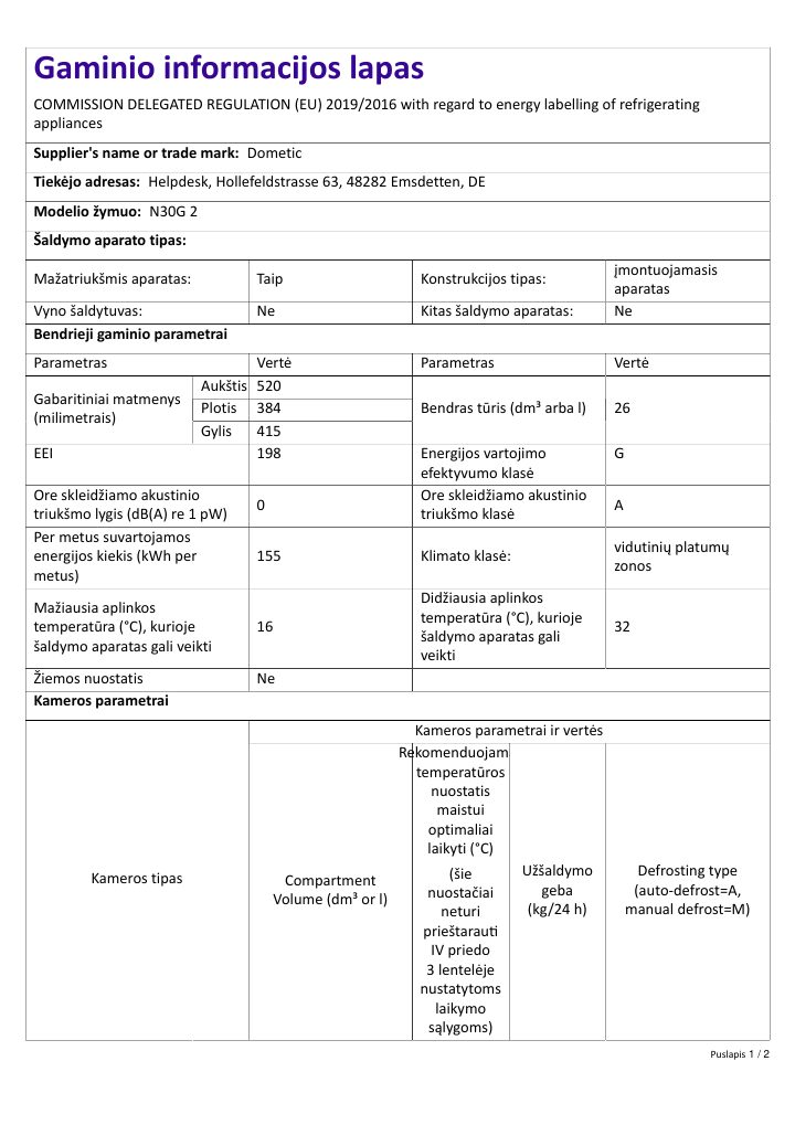 Dometic HiPro Evolution N30G2 | Product Information Sheet LT: ensimmäinen sivu