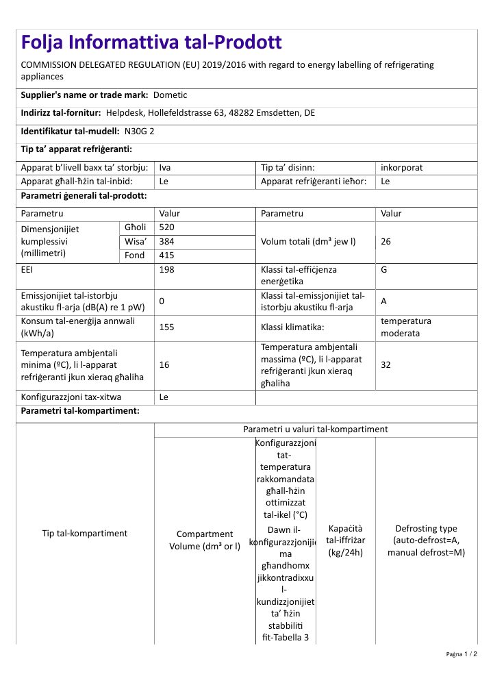 Первая страница документа Dometic HiPro Evolution N30G2 | Product Information Sheet MT
