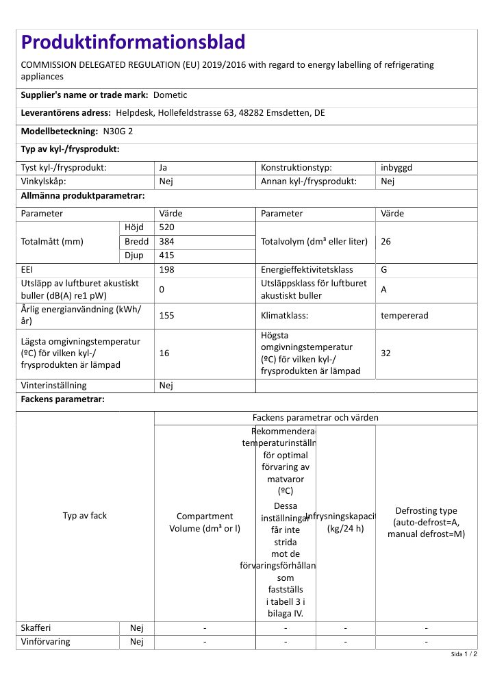 Erste Seite von Dometic HiPro Evolution N30G2 | Product Information Sheet SV