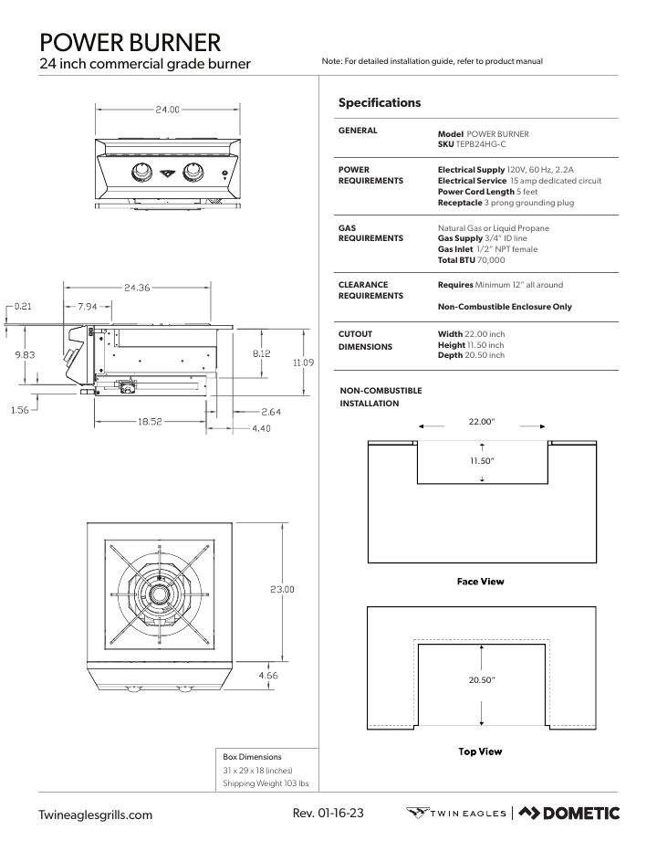 Twin Eagles Dometic TEPB24 belgesinin ilk sayfası