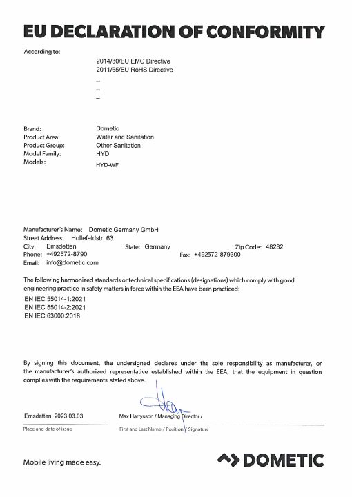 Erste Seite von Dometic Hydration Water Faucet - Declaration of Conformity