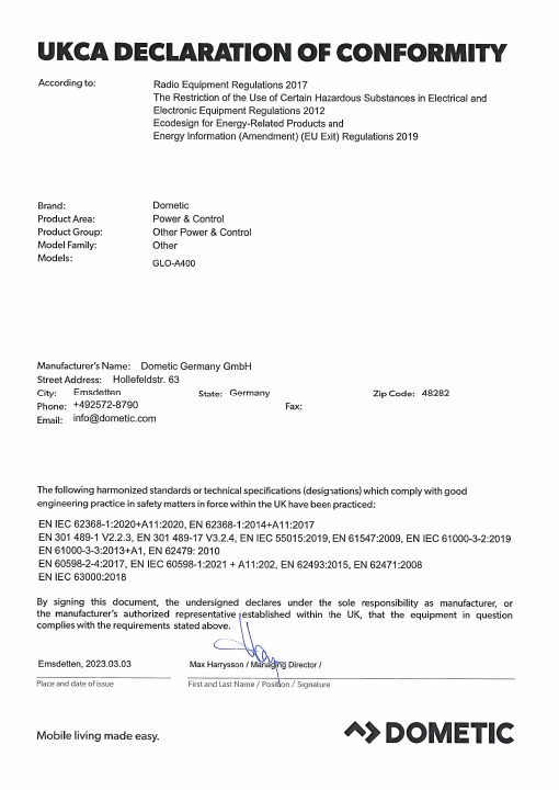 Erste Seite von GLO-A400 - Declaration of Conformity UKCA